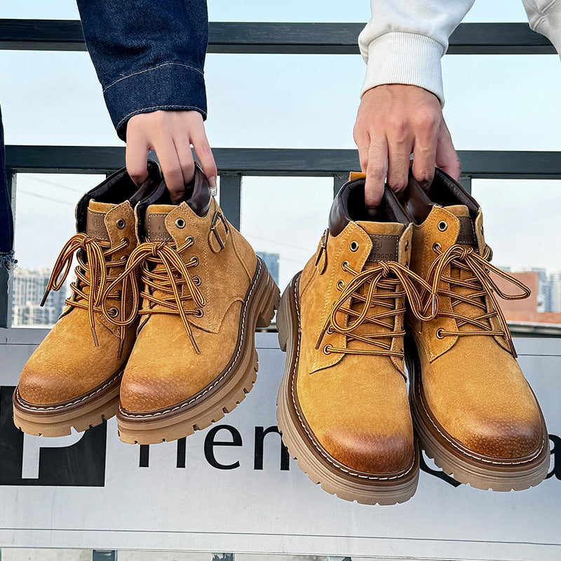 Autumn and winter Martin boots, genuine leather couple style outdoor hiking and mountaineering big yellow boots, thick-soled workwear boots for women