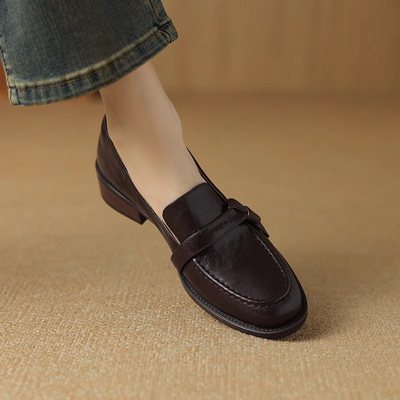 Genuine leather version ~ Mid-heel loafers, women's Spring and autumn soft-soled single shoes, British style, versatile, all brown
