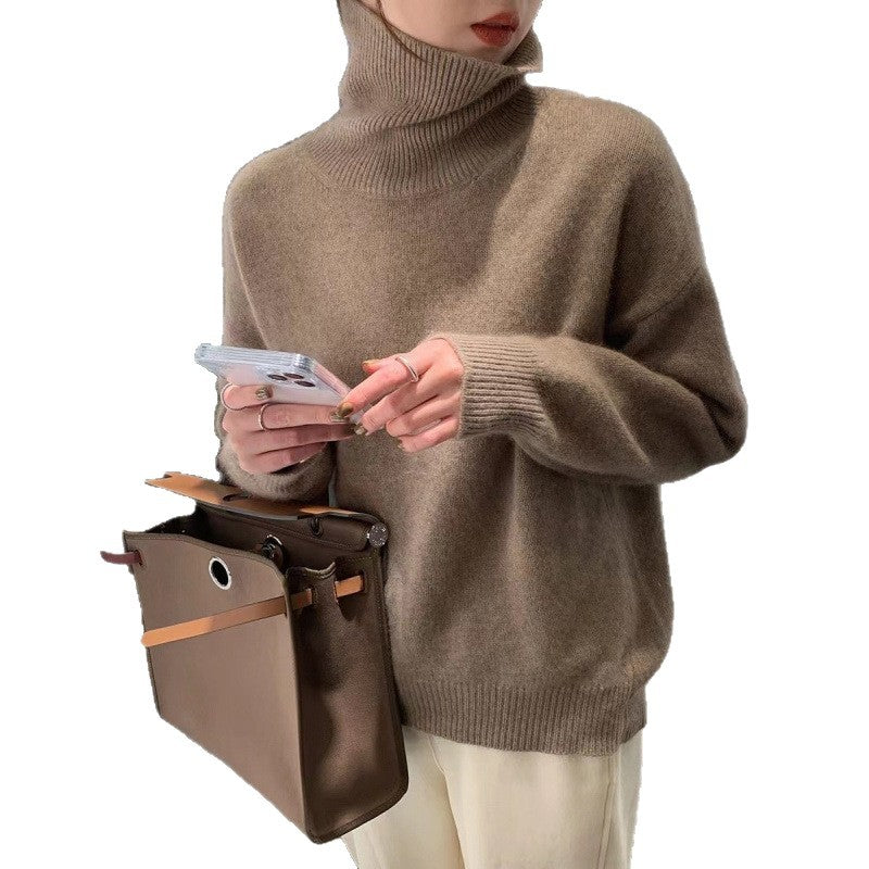 European autumn and winter high-neck sweaters for women, loose and versatile knitted pullover, laid-back style base layer, women's top in coffee color