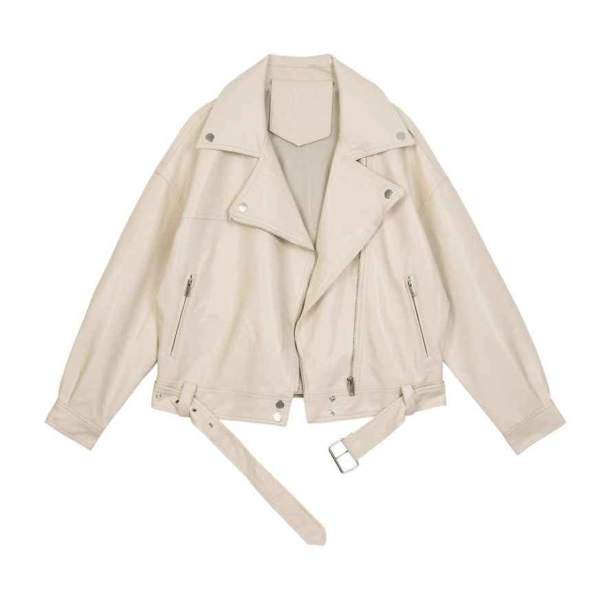 European station belt-belt, all leather jacket, women's lapel, regular sleeve, short straight tube, zipper jacket, all coat