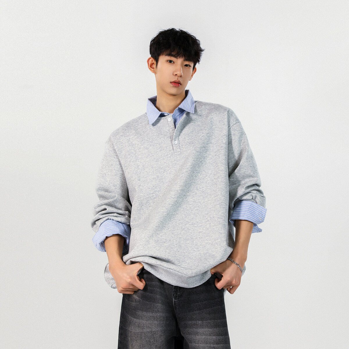 Blue striped shirt collar pullover hoodie, Hong Kong-style fake, two artistic campus-style spring tops and POLO shirts