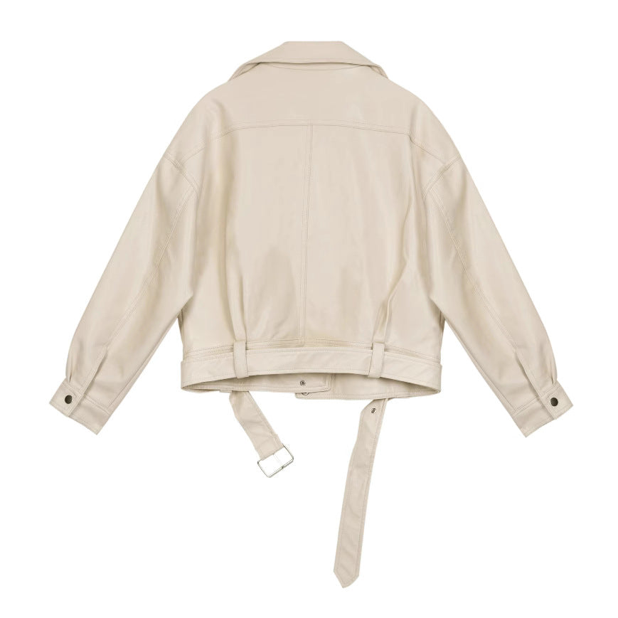 European station belt-belt, all leather jacket, women's lapel, regular sleeve, short straight tube, zipper jacket, all coat