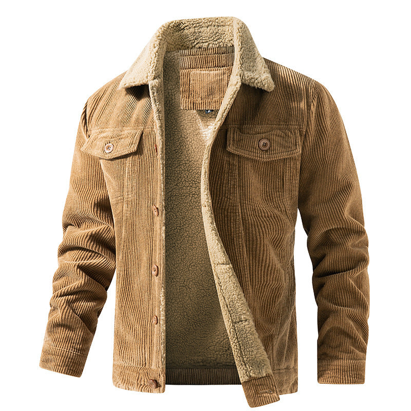 A young man's multi-bag winter loose pure cotton corduroy jacket for warmth