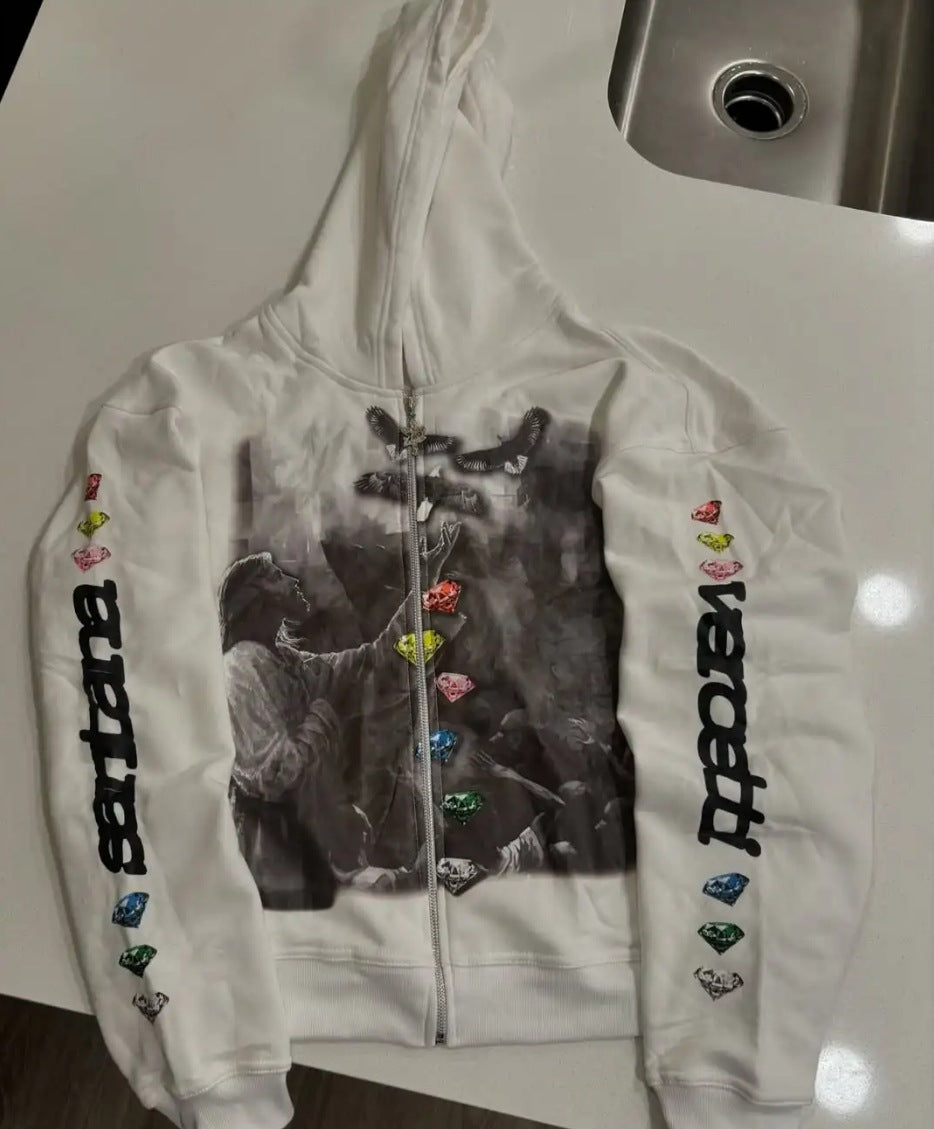 Y2K American Harajuku Street Dark High Street cartoon print zipper hoodie loose sweatshirt