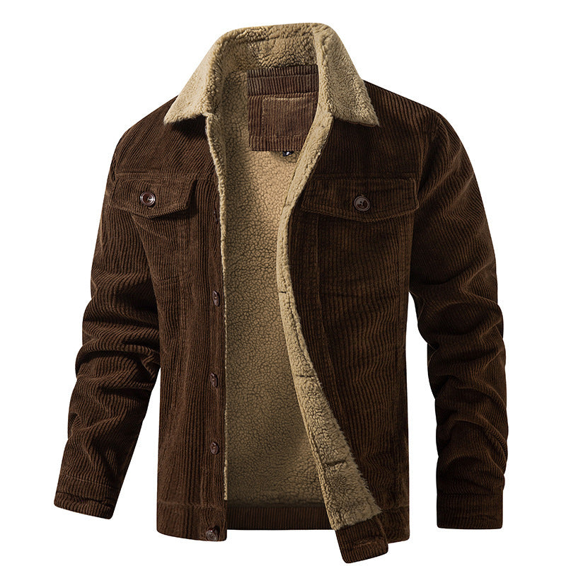 A young man's multi-bag winter loose pure cotton corduroy jacket for warmth