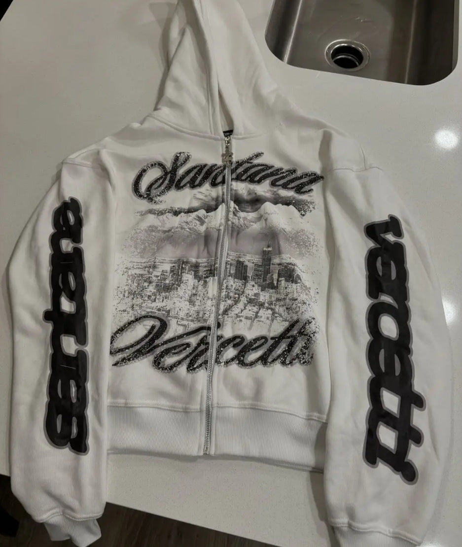 Y2K American Harajuku Street Dark High Street cartoon print zipper hoodie loose sweatshirt