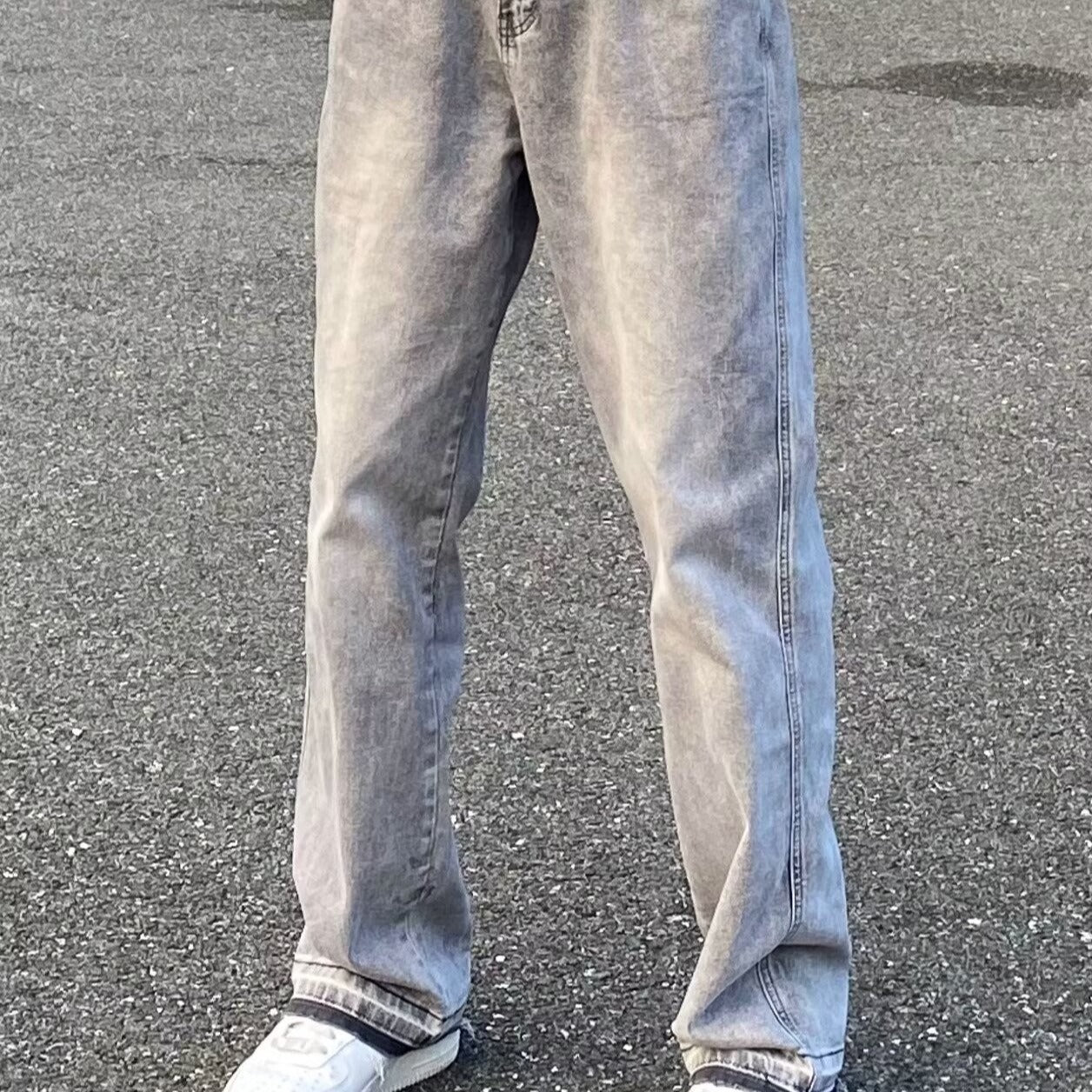 American-style washed light grey distressed solid color jeans with the same fringed hem basic straight-leg trousers