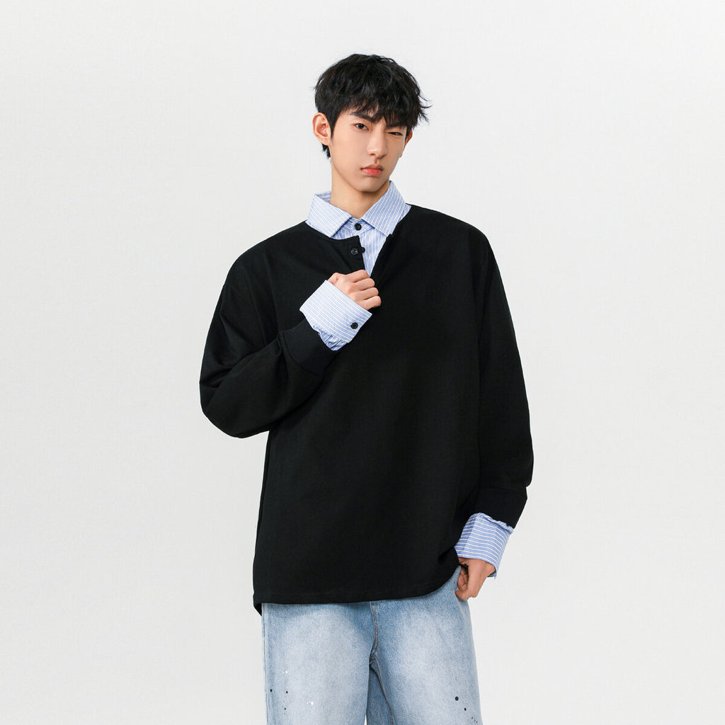 Blue striped shirt collar pullover hoodie, Hong Kong-style fake, two artistic campus-style spring tops and POLO shirts