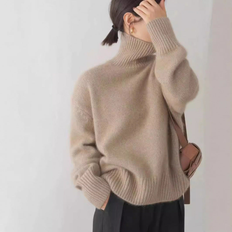 European autumn and winter high-neck sweaters for women, loose and versatile knitted pullover, laid-back style base layer, women's top in coffee color