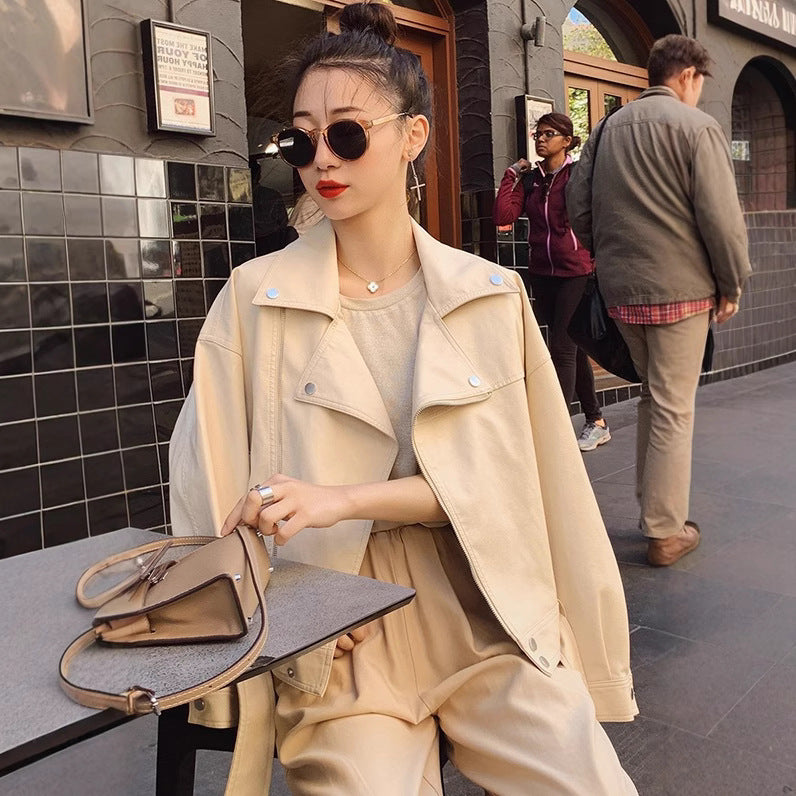 European station belt-belt, all leather jacket, women's lapel, regular sleeve, short straight tube, zipper jacket, all coat