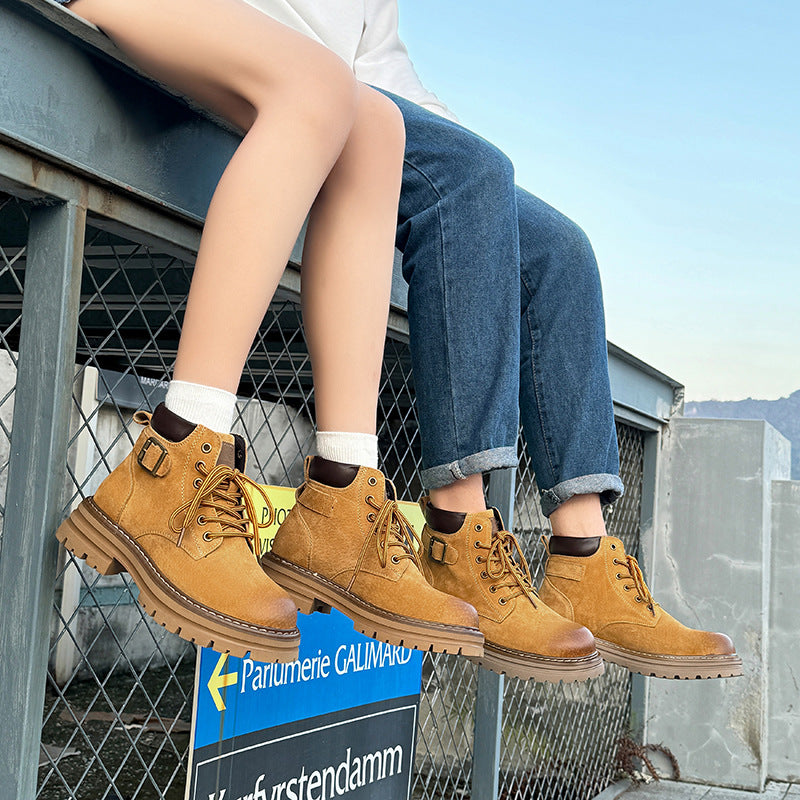 Autumn and winter Martin boots, genuine leather couple style outdoor hiking and mountaineering big yellow boots, thick-soled workwear boots for women