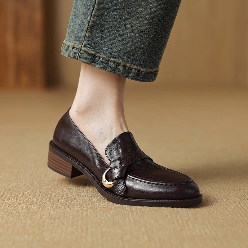 Genuine leather version ~ Mid-heel loafers, women's Spring and autumn soft-soled single shoes, British style, versatile, all brown