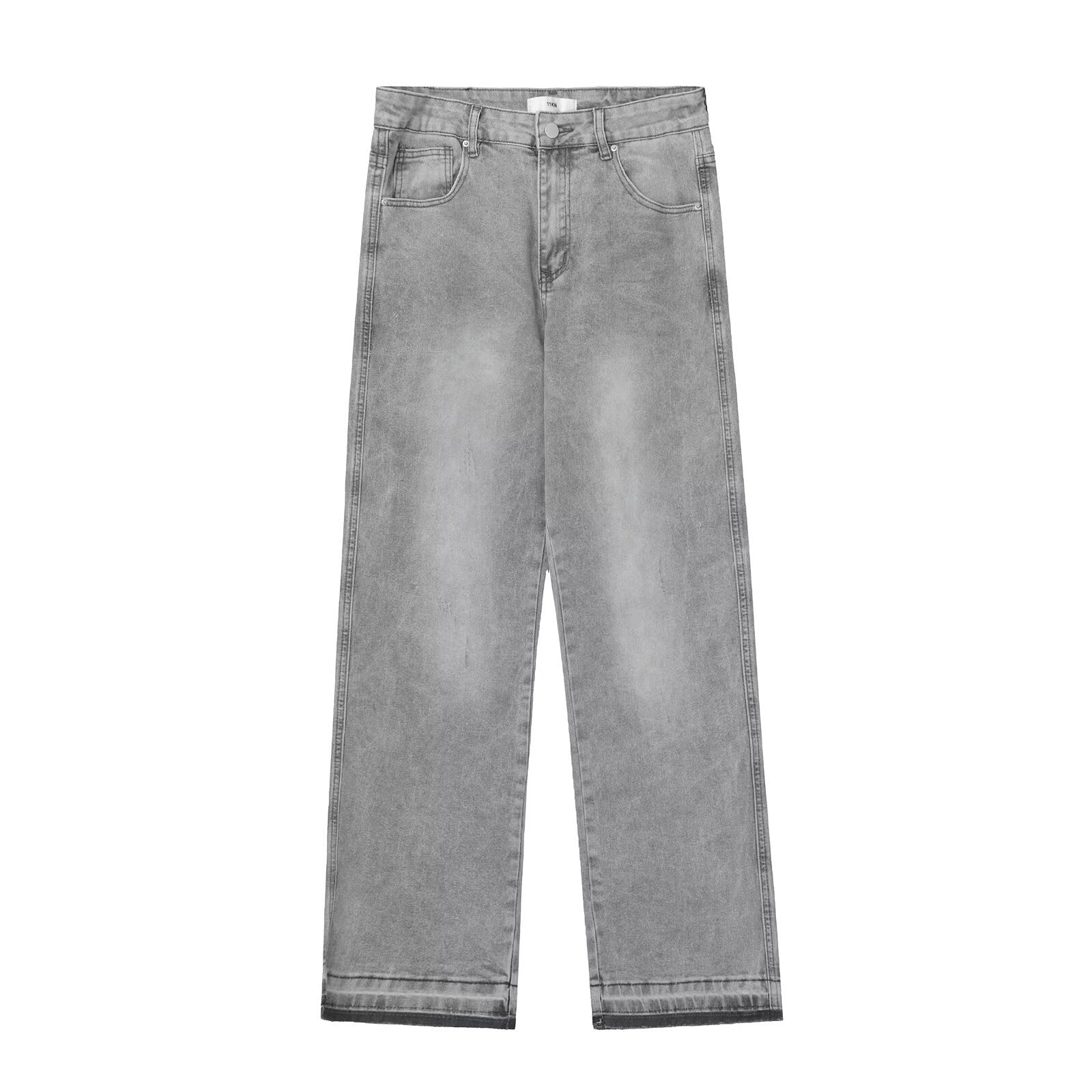 American-style washed light grey distressed solid color jeans with the same fringed hem basic straight-leg trousers