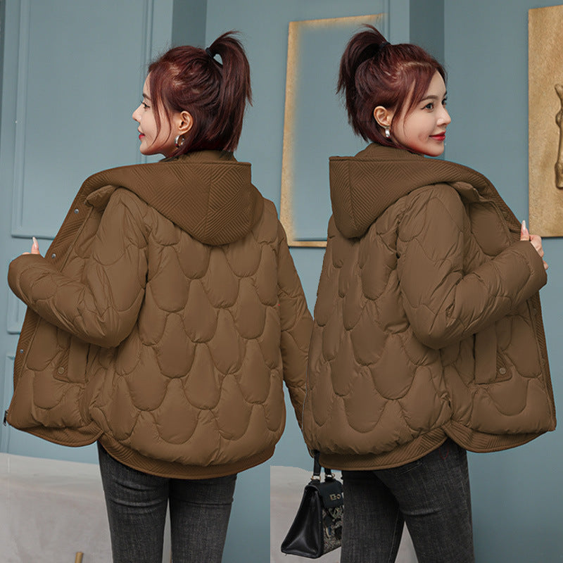 Two fake European knitted hooded down cotton-padded jackets for women's winter, new short, loose and thick bread jackets