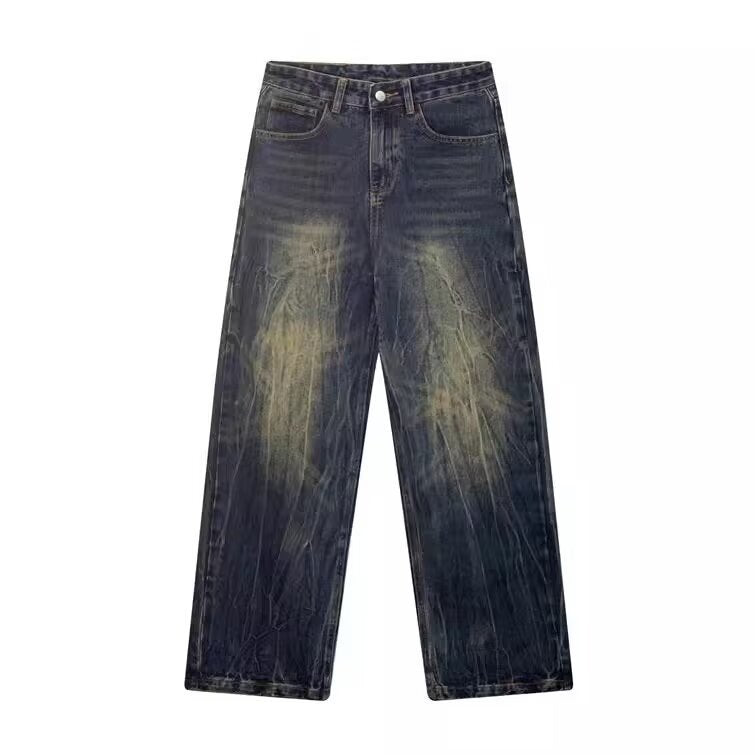 The latest trend of men's washed and aged straight-leg jeans and loose casual pants
