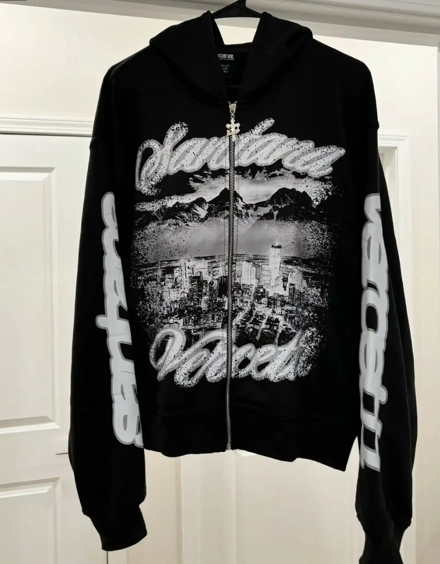 Y2K American Harajuku Street Dark High Street cartoon print zipper hoodie loose sweatshirt