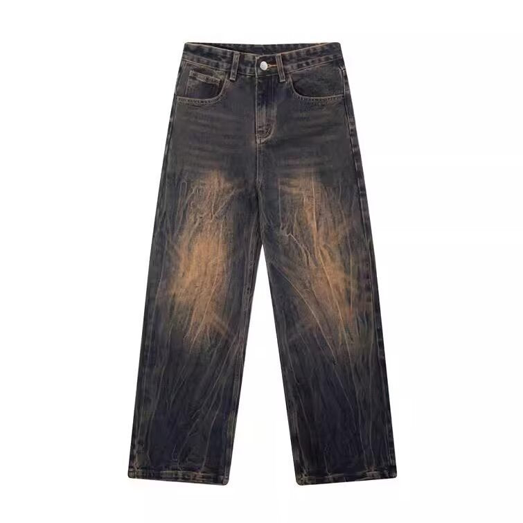 The latest trend of men's washed and aged straight-leg jeans and loose casual pants