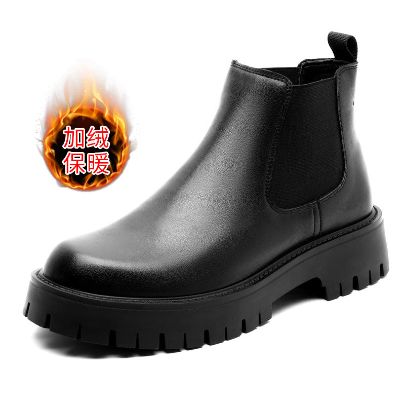 Men's winter genuine leather British style Chelsea men's boots with fleece high-top leather boots, trendy and versatile boot men