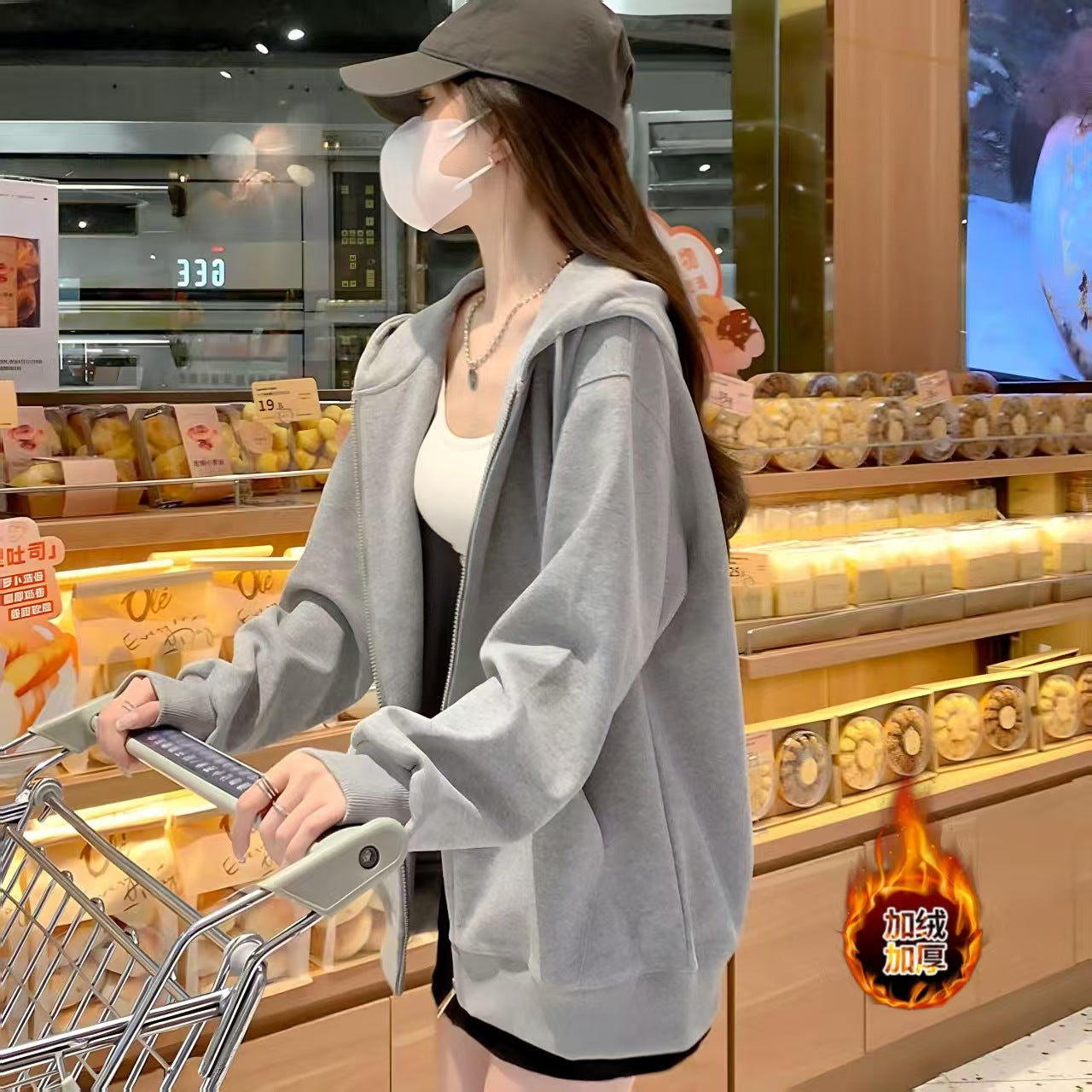 Autumn coats for women, spring and autumn hooded sweatshirts for women, early autumn grey cardigan tops for women