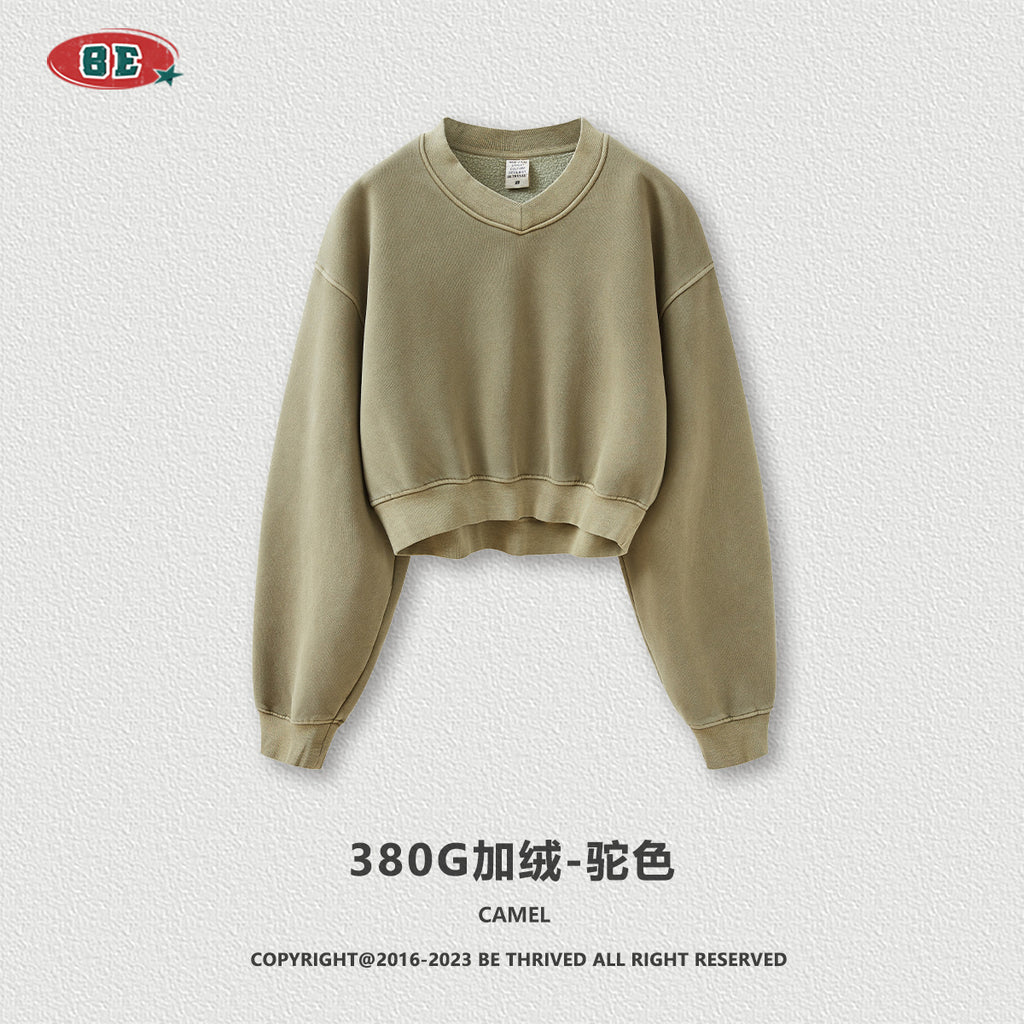 BE women's Clothing: V-neck hoodie with fleece for autumn and winter wash, short top for hot girls, versatile