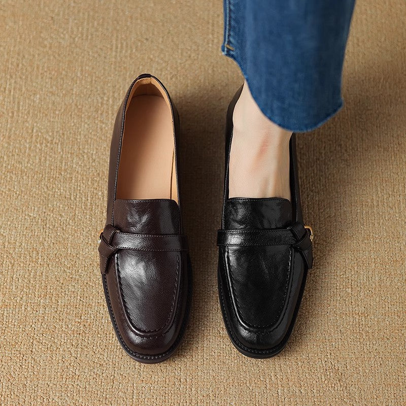 Genuine leather version ~ Mid-heel loafers, women's Spring and autumn soft-soled single shoes, British style, versatile, all brown