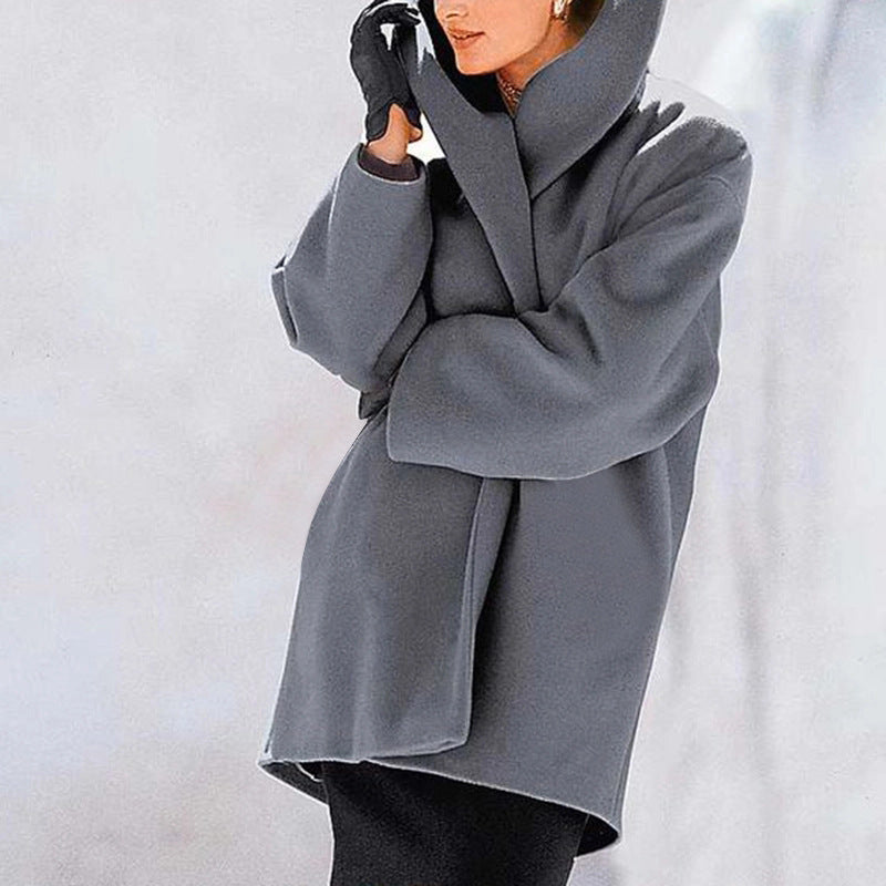 Women's autumn and winter coats: multi-colored round-neck loose hooded coat, woolen overcoat