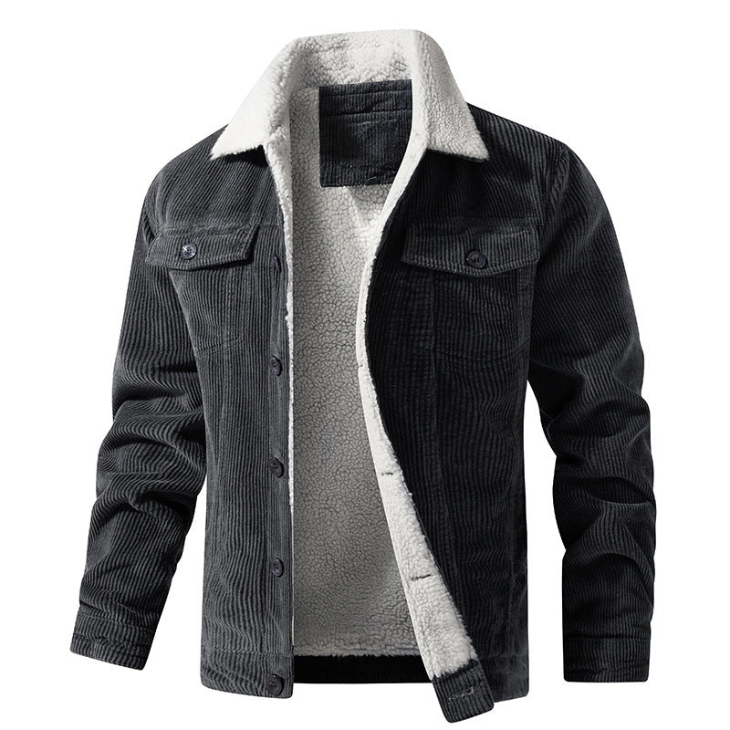 A young man's multi-bag winter loose pure cotton corduroy jacket for warmth