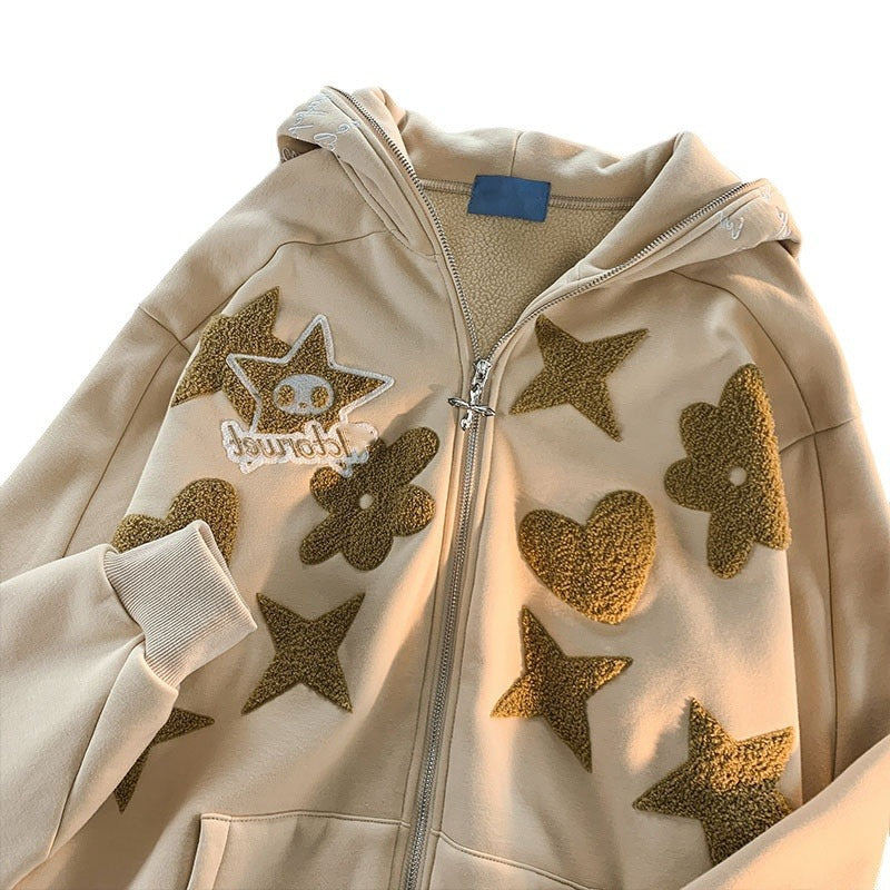 Fleece and thickened letter-embroidered hooded cardigan hoodie for couples, large-sized loose coat