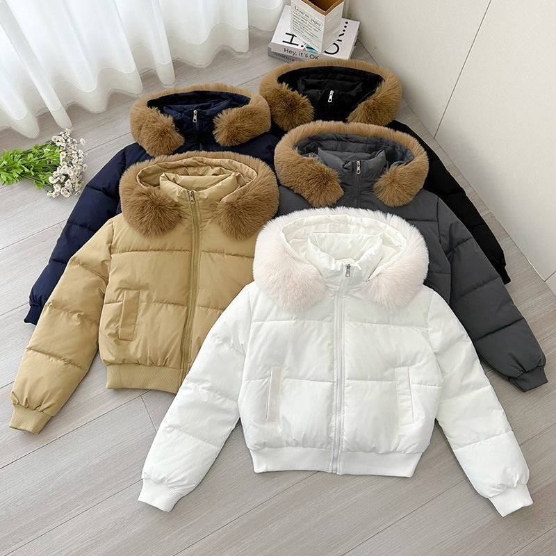 A short, thick and warm bread jacket with a hooded fur collar for women in winter