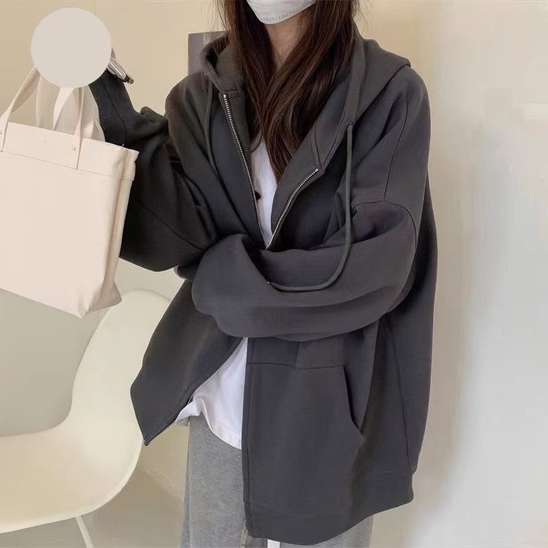 Autumn coats for women, spring and autumn hooded sweatshirts for women, early autumn grey cardigan tops for women