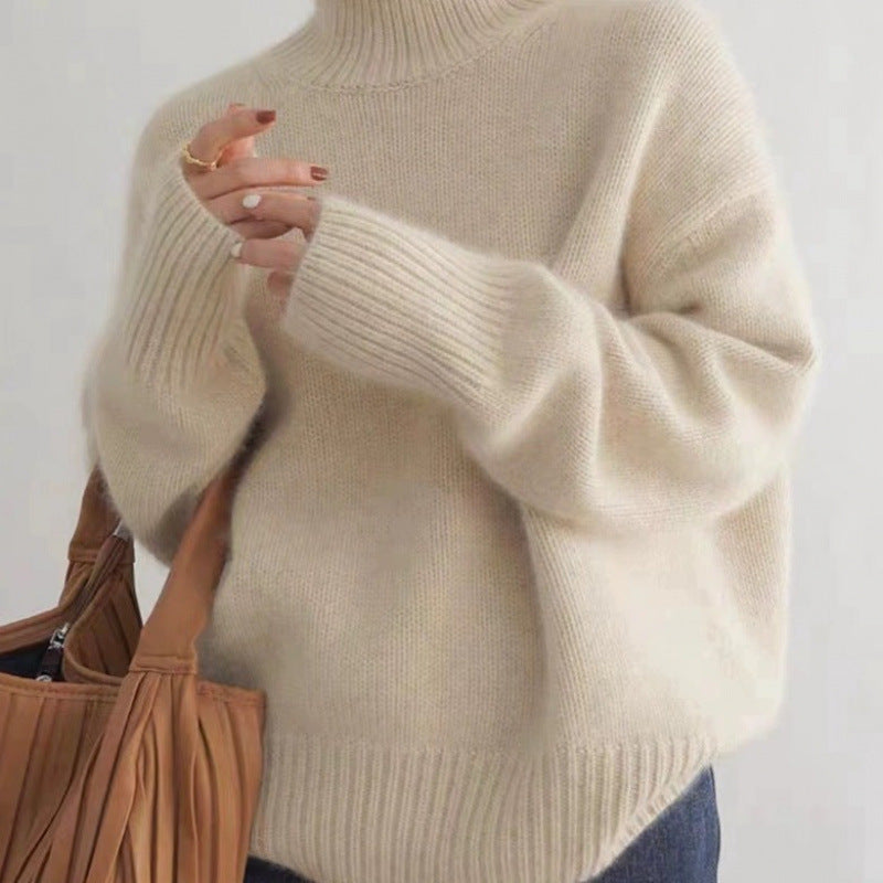 European autumn and winter high-neck sweaters for women, loose and versatile knitted pullover, laid-back style base layer, women's top in coffee color