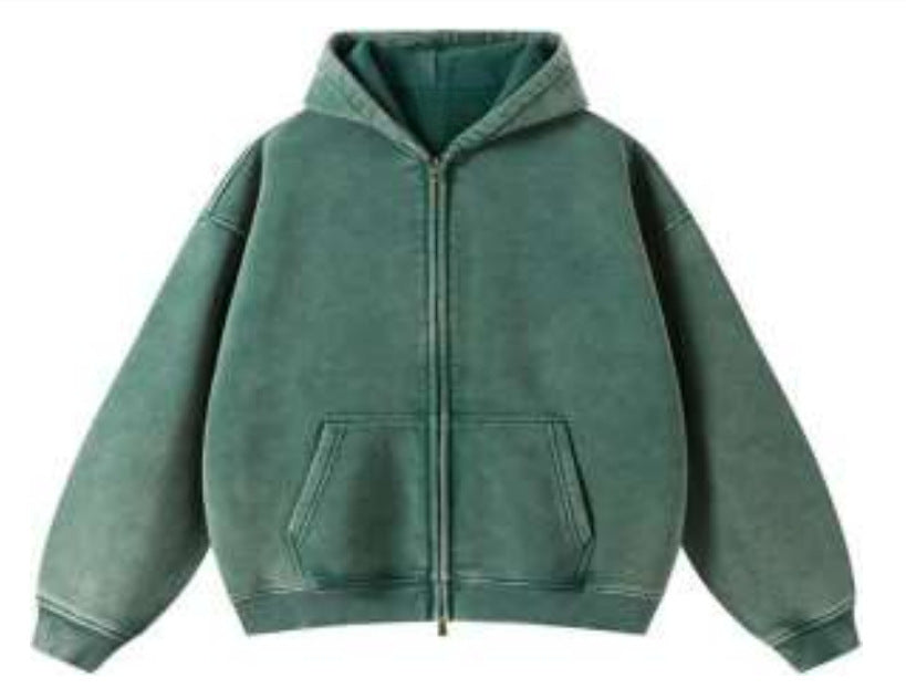 Fleece distressed hooded cardigan hoodie, American jacket, loose top, the same style, a heavyweight autumn and winter collection