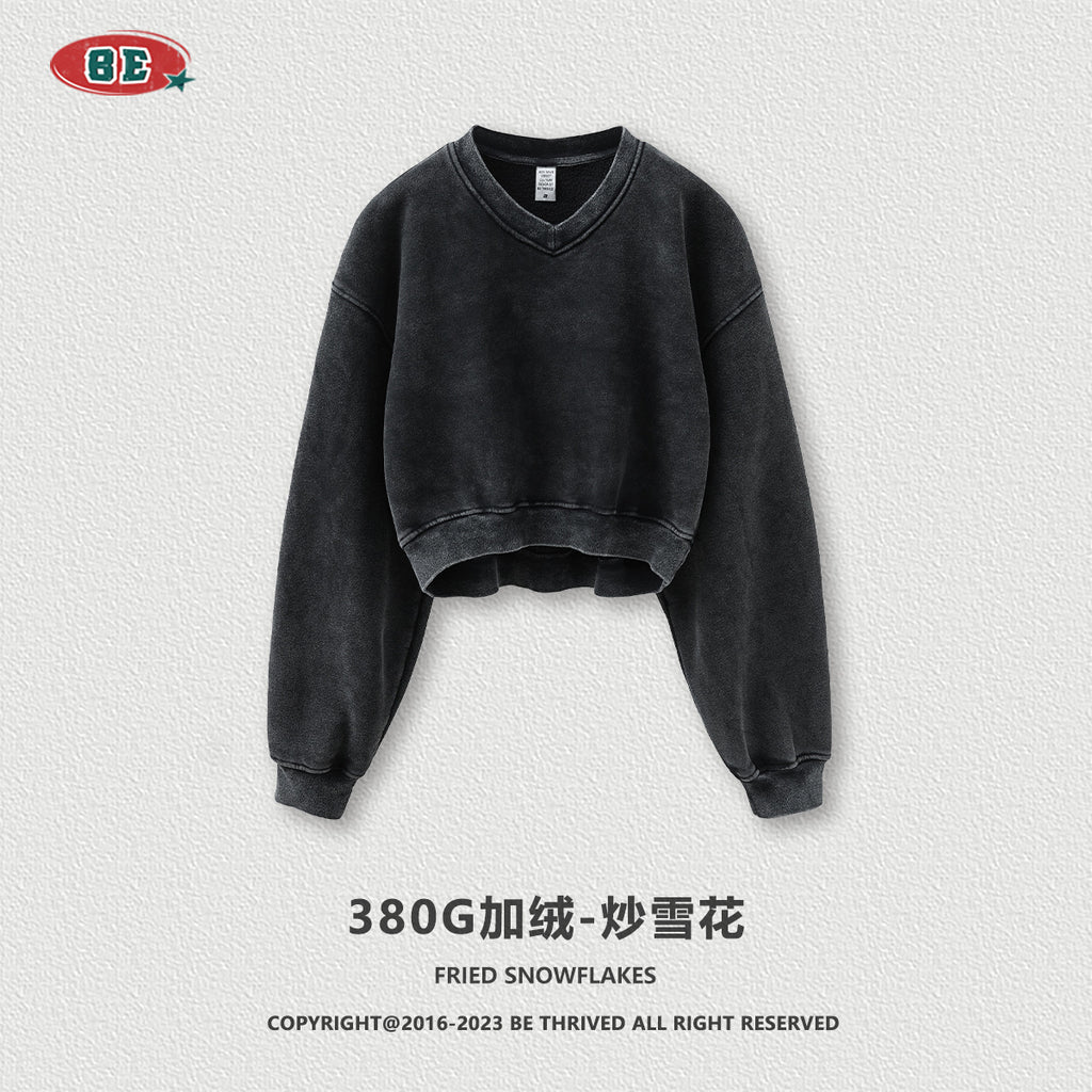 BE women's Clothing: V-neck hoodie with fleece for autumn and winter wash, short top for hot girls, versatile