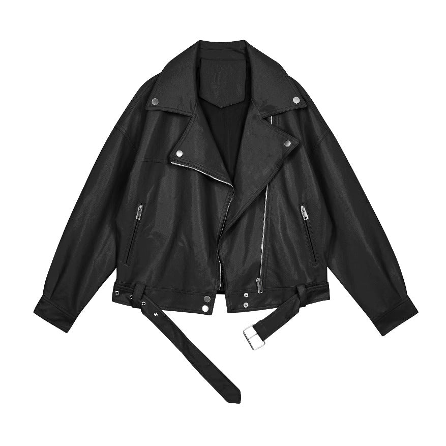 European station belt-belt, all leather jacket, women's lapel, regular sleeve, short straight tube, zipper jacket, all coat