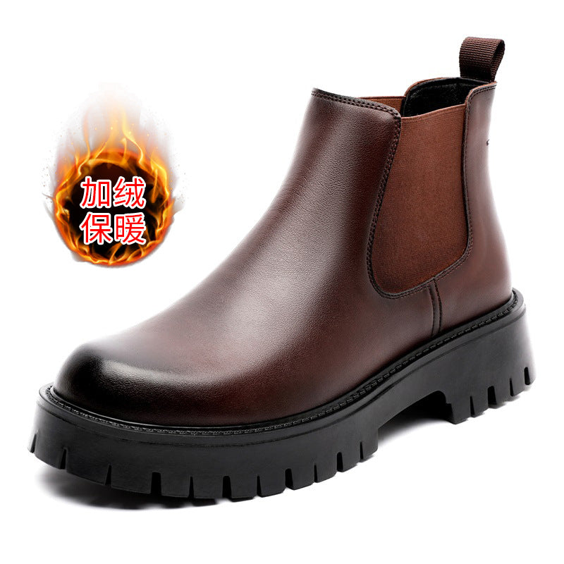 Men's winter genuine leather British style Chelsea men's boots with fleece high-top leather boots, trendy and versatile boot men