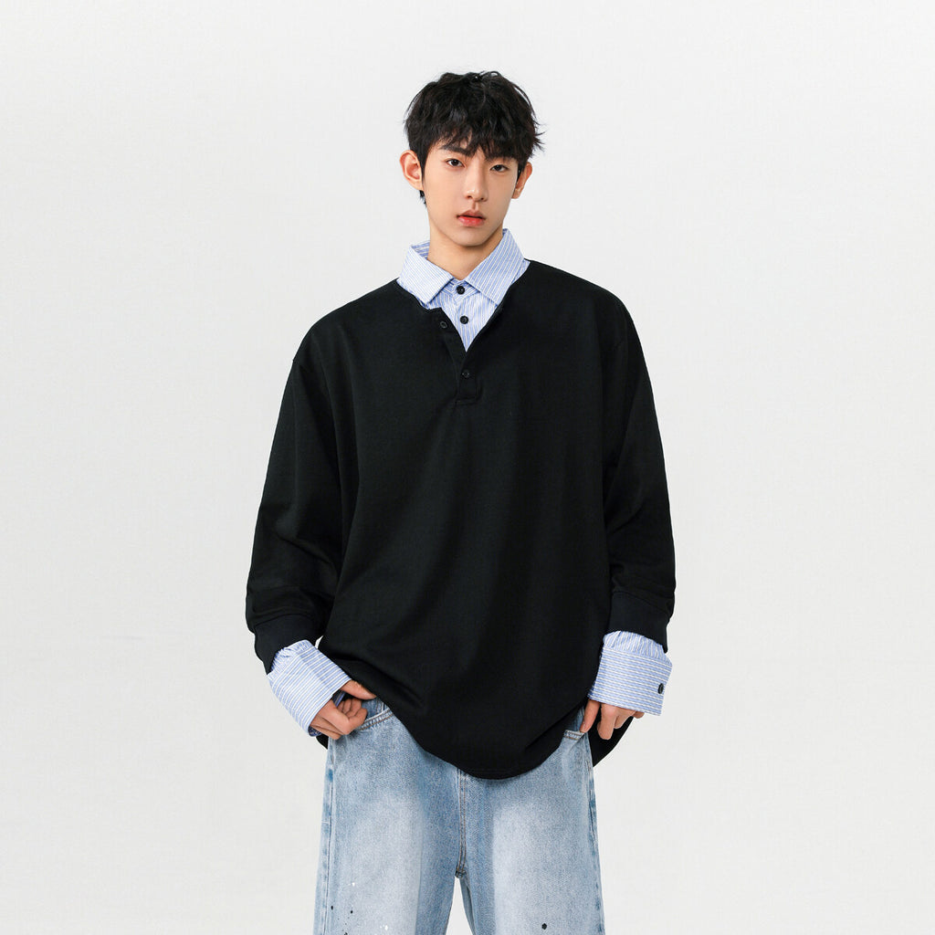 Blue striped shirt collar pullover hoodie, Hong Kong-style fake, two artistic campus-style spring tops and POLO shirts
