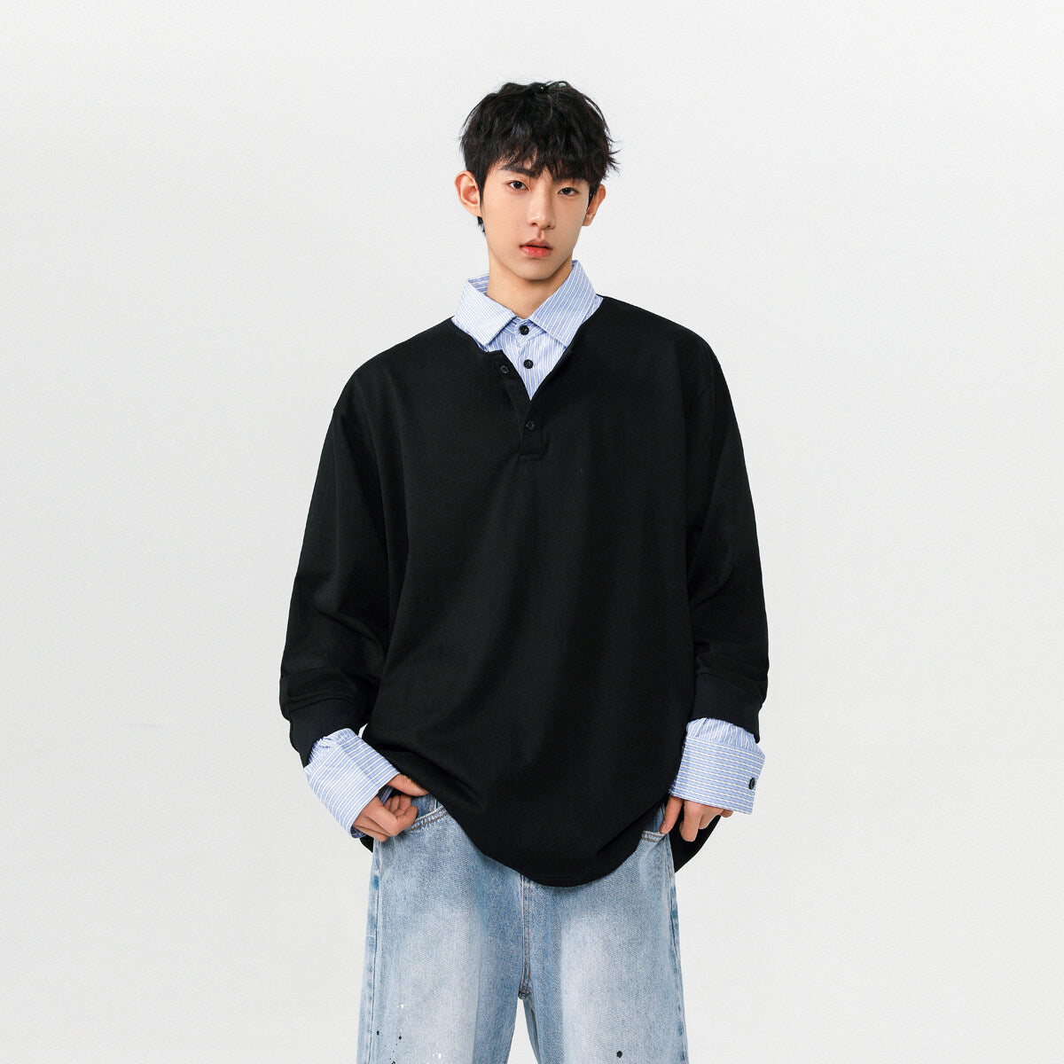 Blue striped shirt collar pullover hoodie, Hong Kong-style fake, two artistic campus-style spring tops and POLO shirts