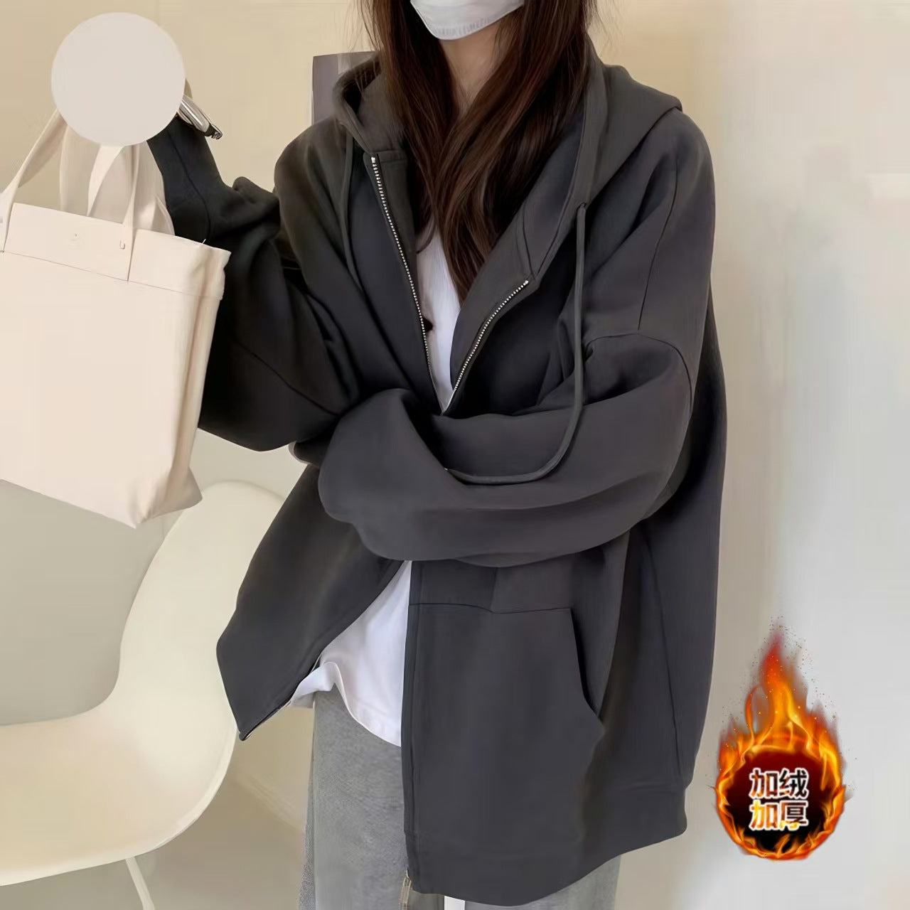 Autumn coats for women, spring and autumn hooded sweatshirts for women, early autumn grey cardigan tops for women