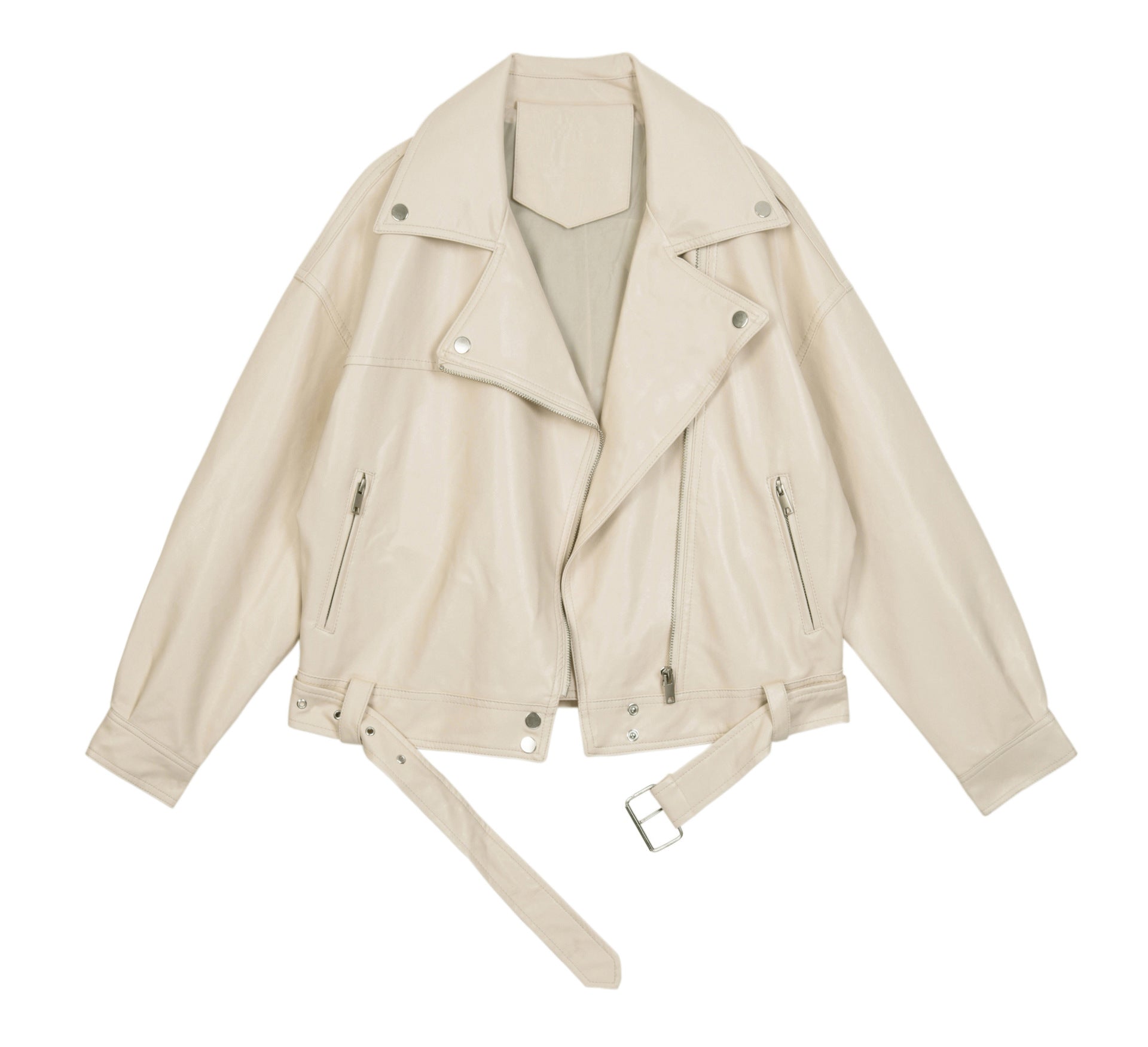 European station belt-belt, all leather jacket, women's lapel, regular sleeve, short straight tube, zipper jacket, all coat