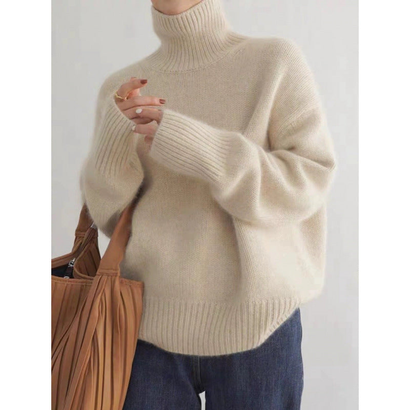 European autumn and winter high-neck sweaters for women, loose and versatile knitted pullover, laid-back style base layer, women's top in coffee color
