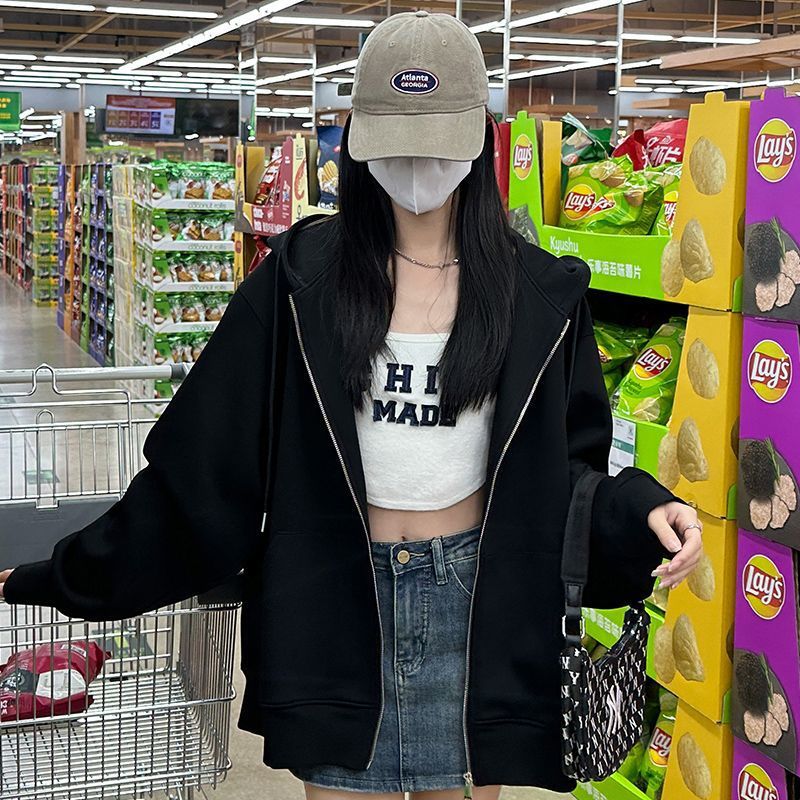 Autumn coats for women, spring and autumn hooded sweatshirts for women, early autumn grey cardigan tops for women