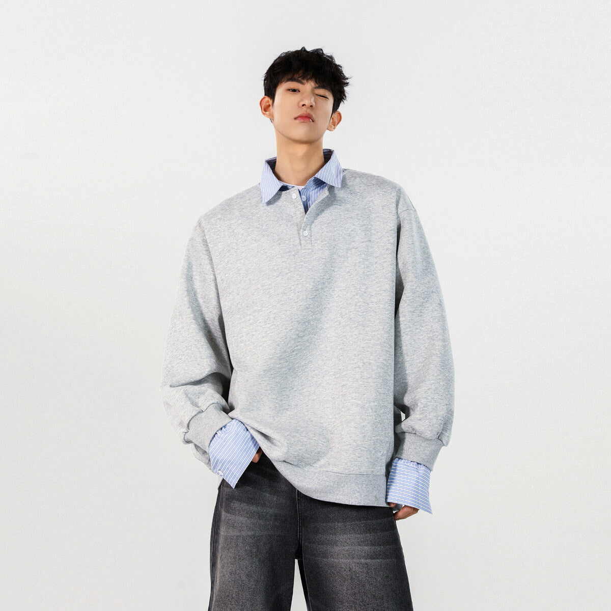 Blue striped shirt collar pullover hoodie, Hong Kong-style fake, two artistic campus-style spring tops and POLO shirts