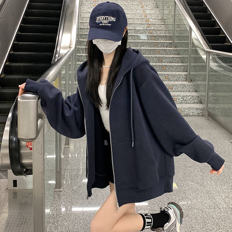 Autumn coats for women, spring and autumn hooded sweatshirts for women, early autumn grey cardigan tops for women