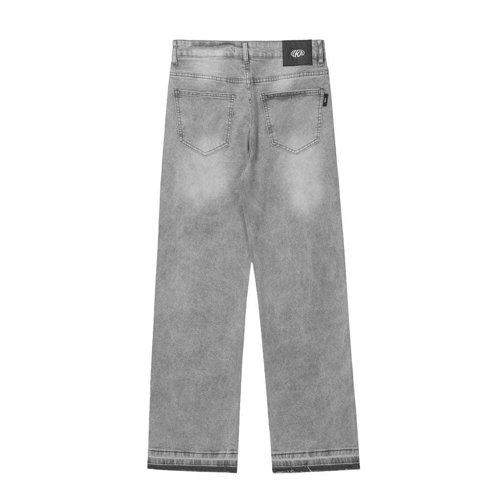 American-style washed light grey distressed solid color jeans with the same fringed hem basic straight-leg trousers