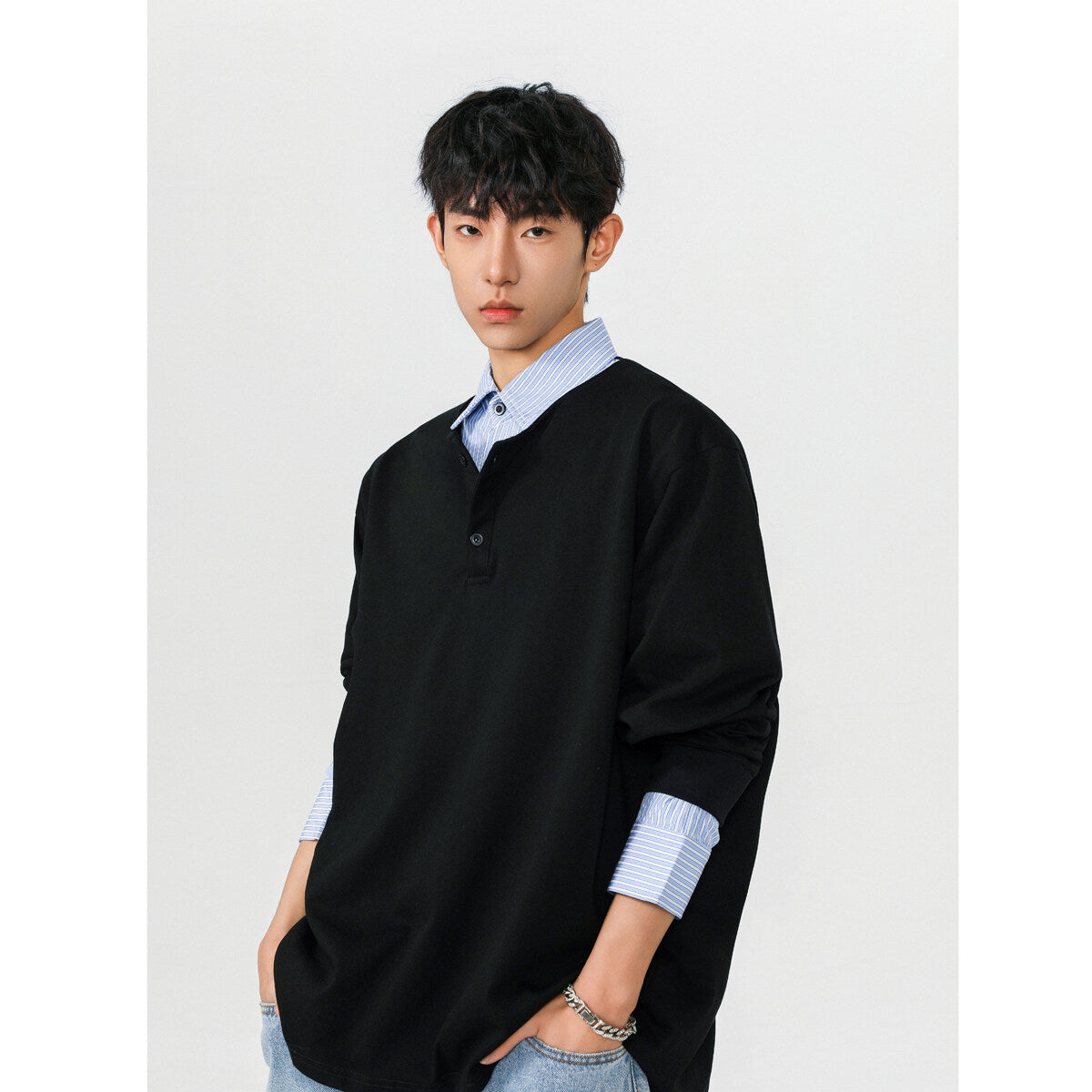 Blue striped shirt collar pullover hoodie, Hong Kong-style fake, two artistic campus-style spring tops and POLO shirts