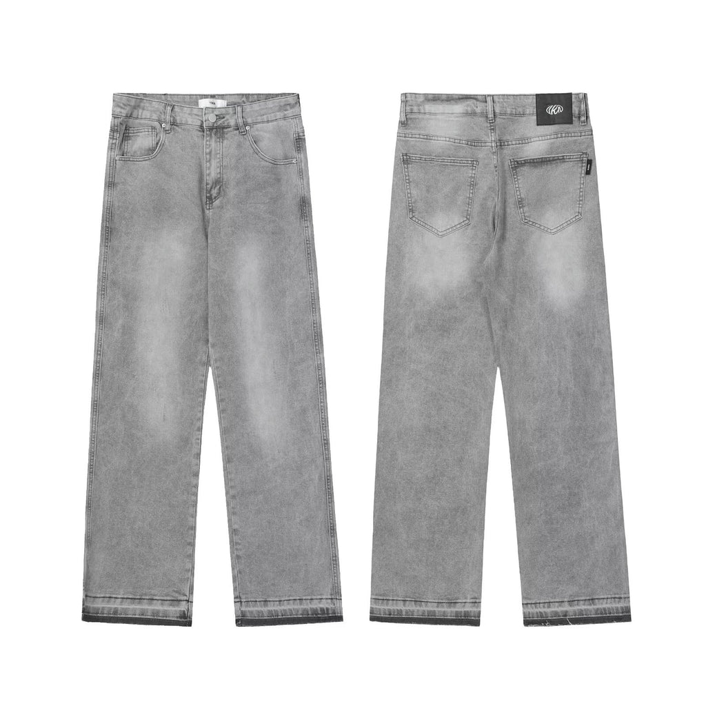 American-style washed light grey distressed solid color jeans with the same fringed hem basic straight-leg trousers