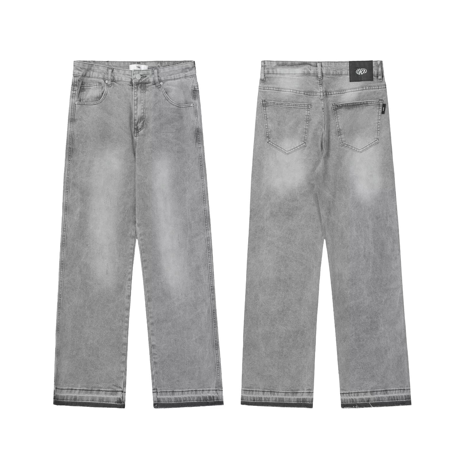 American-style washed light grey distressed solid color jeans with the same fringed hem basic straight-leg trousers