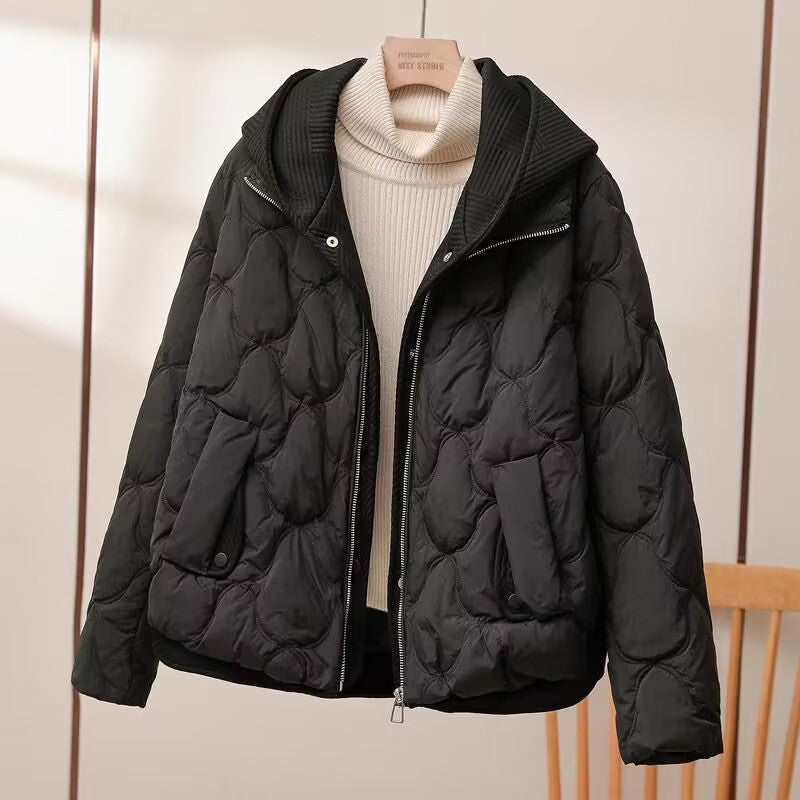 Two fake European knitted hooded down cotton-padded jackets for women's winter, new short, loose and thick bread jackets